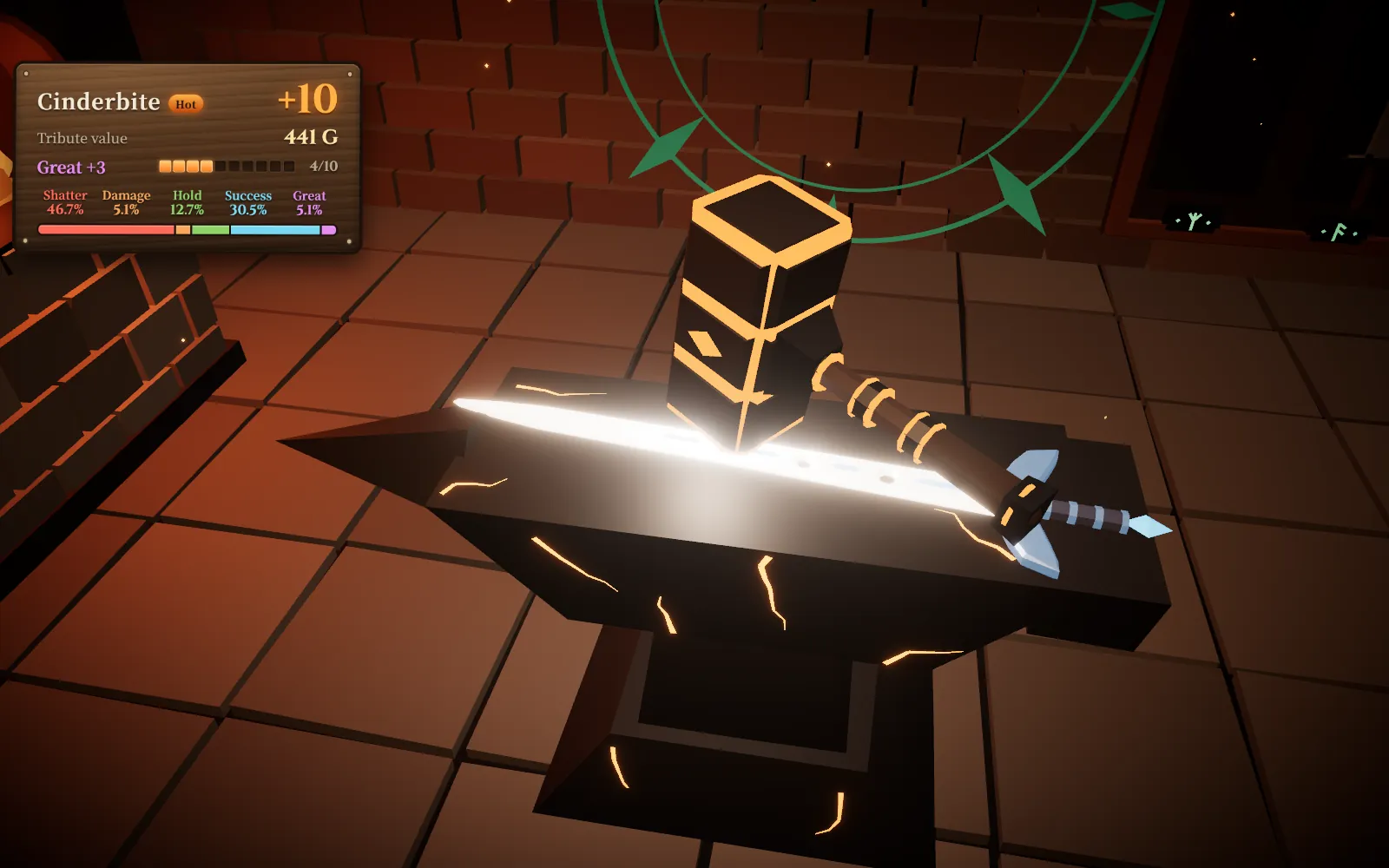 A glowing +12 sword under the hammer, sparks flying